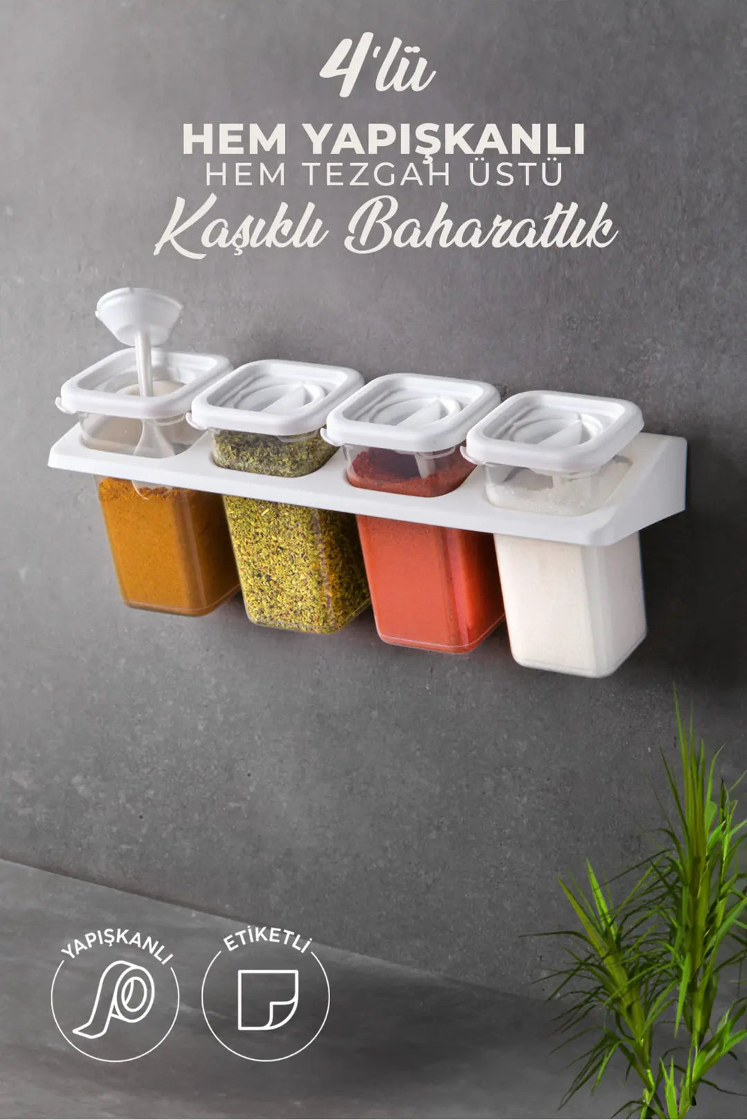 Kitchen Life 4'lü Etiketli Standlı Kilitli Kaşıklı Kendinden Yapışkanlı Kare Baharatlık Takımı - Erzak Saklama Kabı Seti