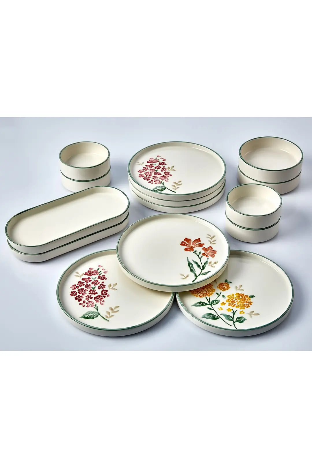 Kitchen Life 14 Parça 6 Kişilik Flowers Stackable Kahvaltı Takımı - Lüx Kahvaltılık Sunum Seti Tabağı