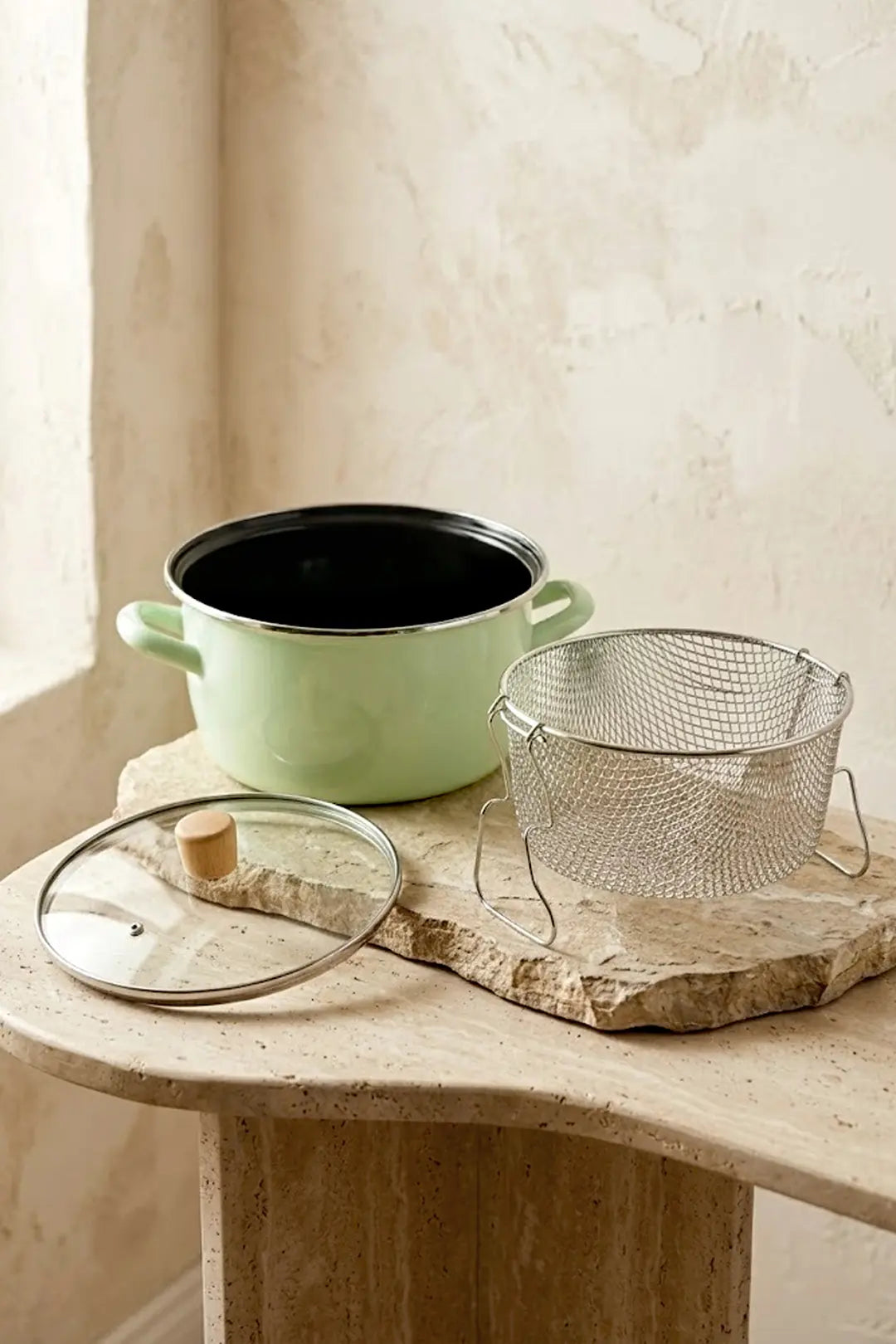Kitchen Life Master Pro Cook Ahşap Kulplu,Paslanmaz Saplı Su Yeşili Süzgeçli Emaye Kızartma Tenceresi 22 cm