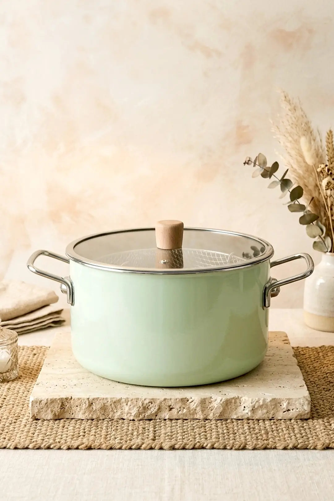 Kitchen Life Titan Cook Ahşap Kulplu,Paslanmaz Saplı Su Yeşili Süzgeçli Emaye Kızartma Tenceresi 22 cm