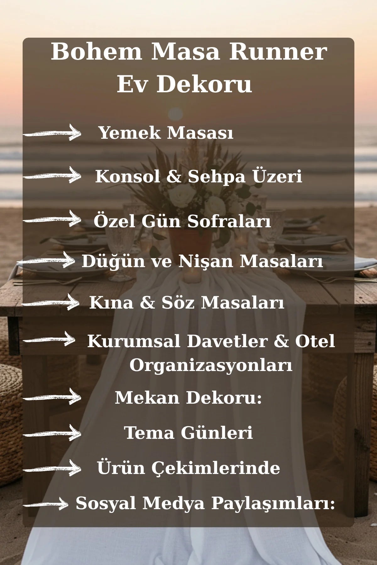 Püsküllü Bohem Runner Masa Örtüsü (%100 Pamuk) - Beyaz - 90 x 300