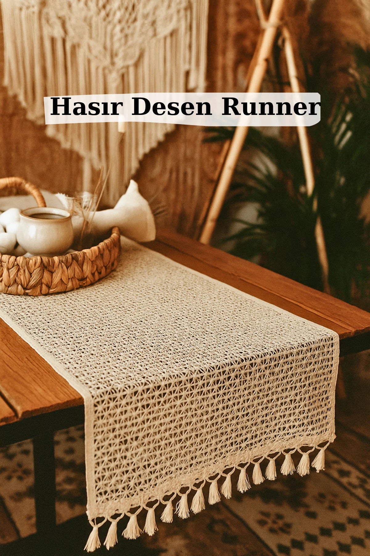 Hasır Örgü Desenli Püsküllü Runner - Bej - 35 x 140