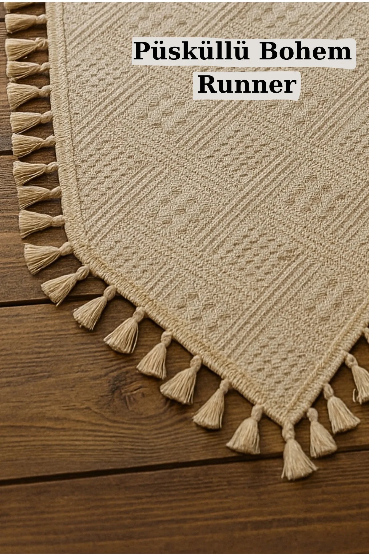 Püsküllü Bohem Pamuklu Runner - Doğal Bej - 40 x 110