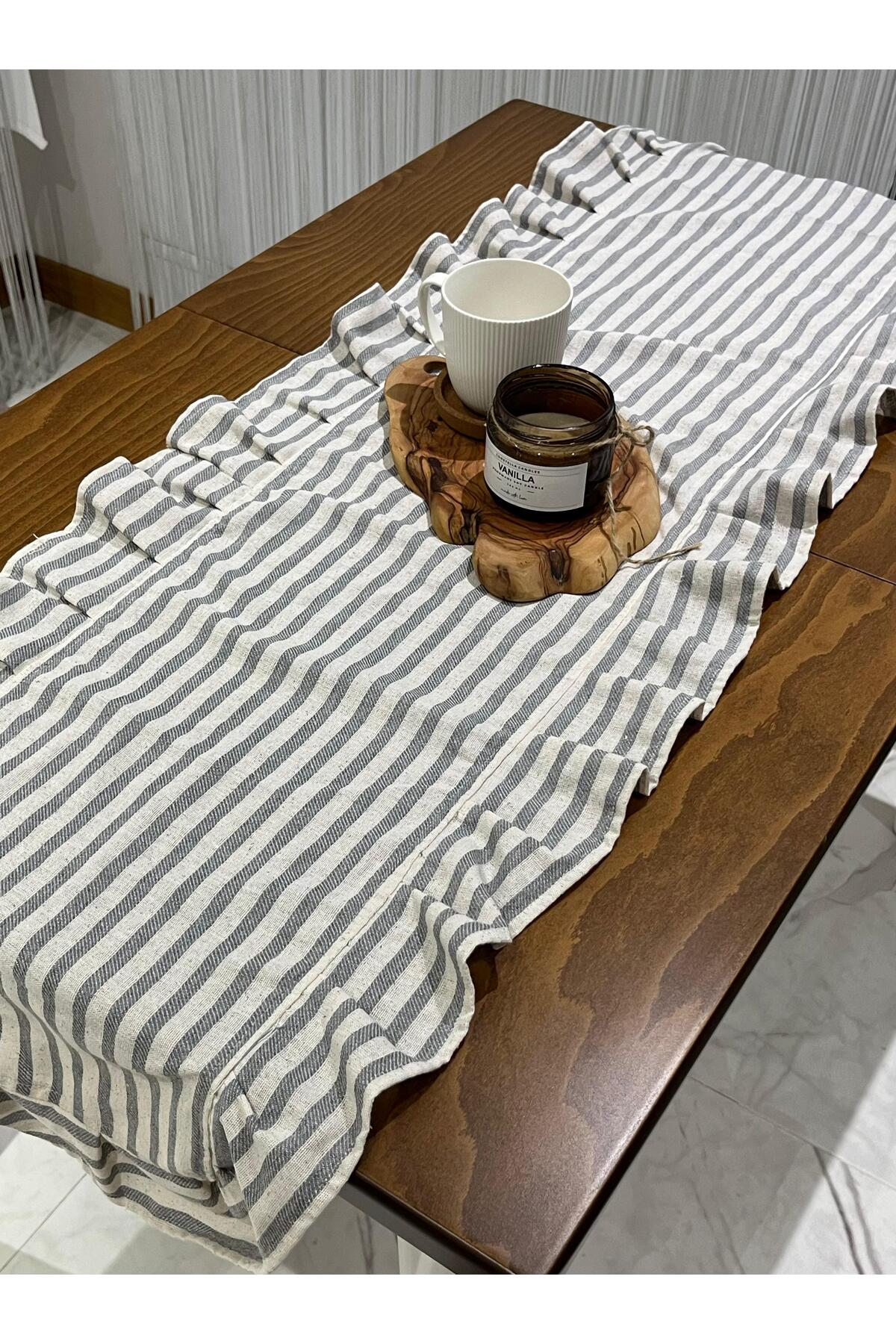 Fırfırlı Çizgili Runner - Gri Çizgili - 40 x 140