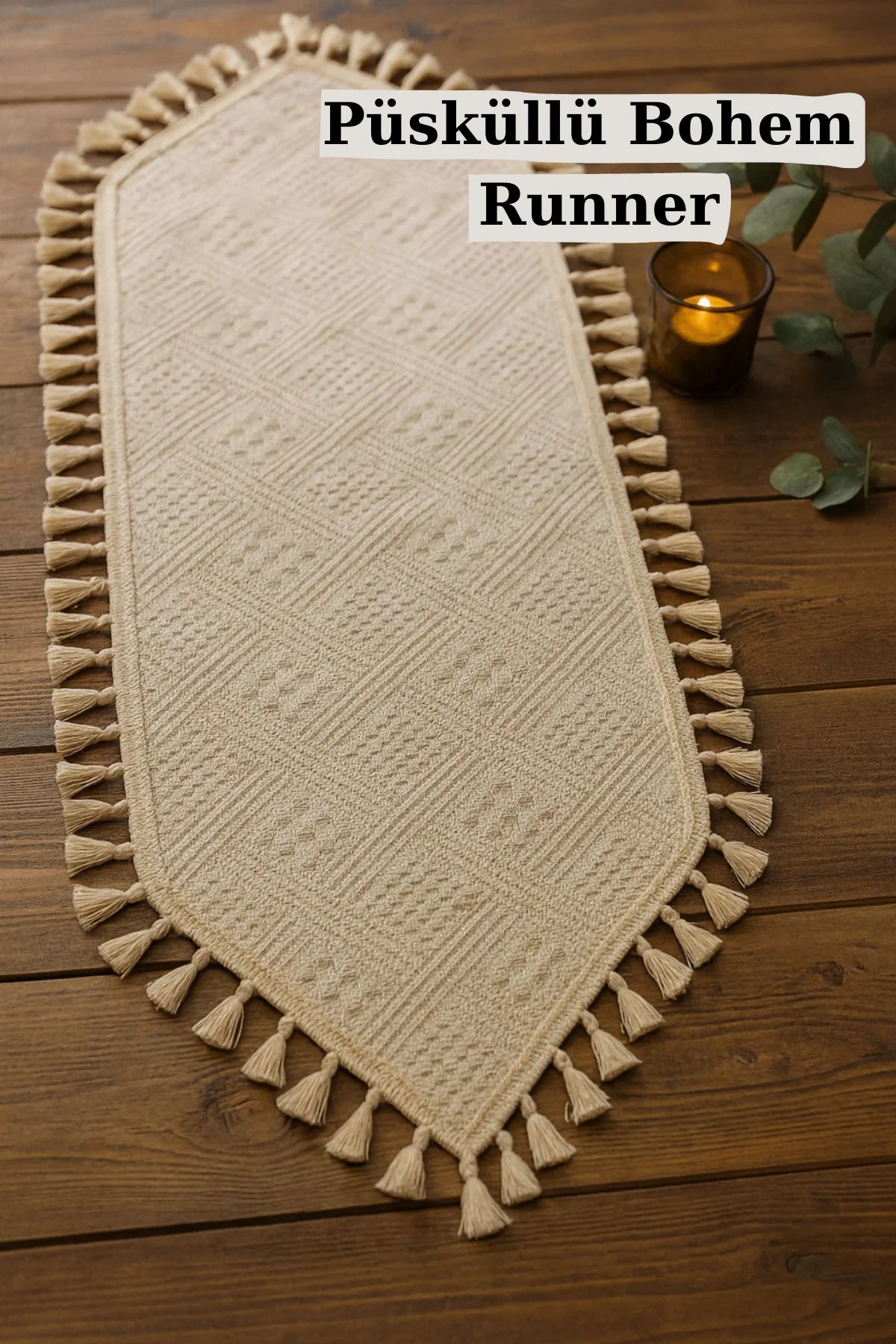 Püsküllü Bohem Pamuklu Runner - Doğal Bej - 40 x 110