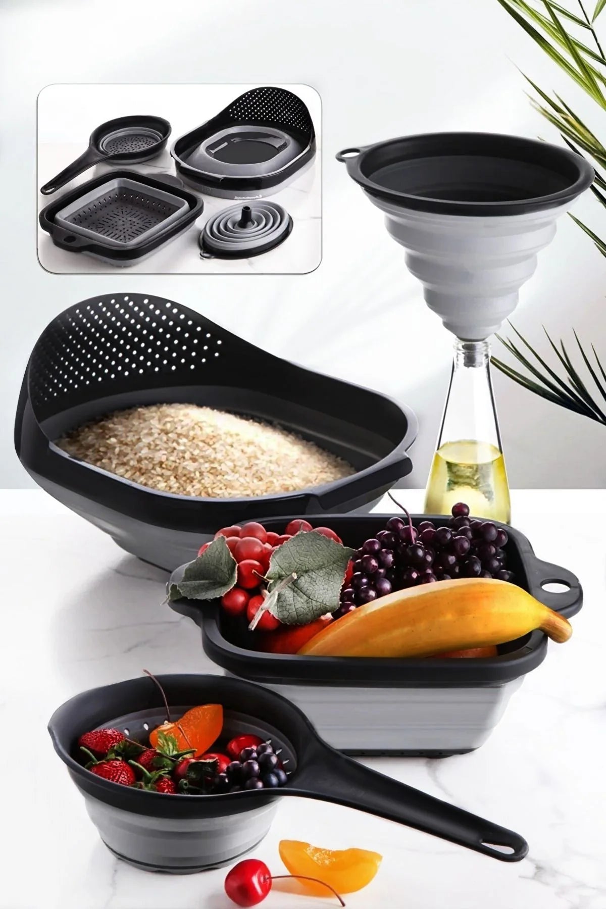 Kitchen Life - 4'lü Akordiyon Katlanır Süzgeç Seti - Mutfak Çeyiz Seti (Akordeon Saplı Pirinç Süzgeci Huni Gri)