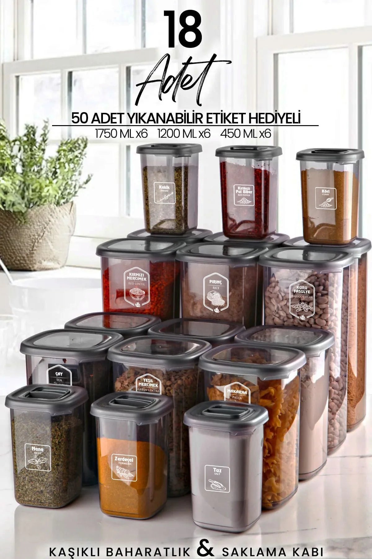 Kitchen Life 18'li Etiketli Kare Erzak Saklama Kabı ve Kaşıklı Baharatlık Seti - (1750ml + 1200ml + 450 ml)