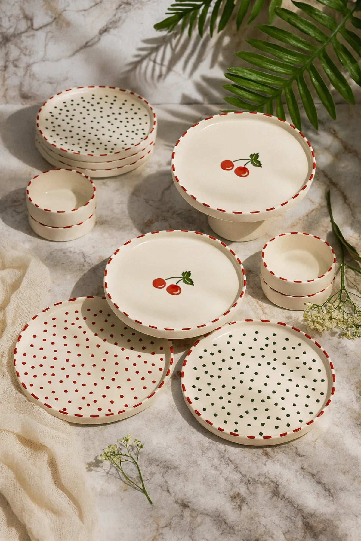 Kitchen Life 11 Parça 6 Kişilik Cherry Stackable Kahvaltı Takımı - Kirazlı Kahvaltılık Sunum Tabağı