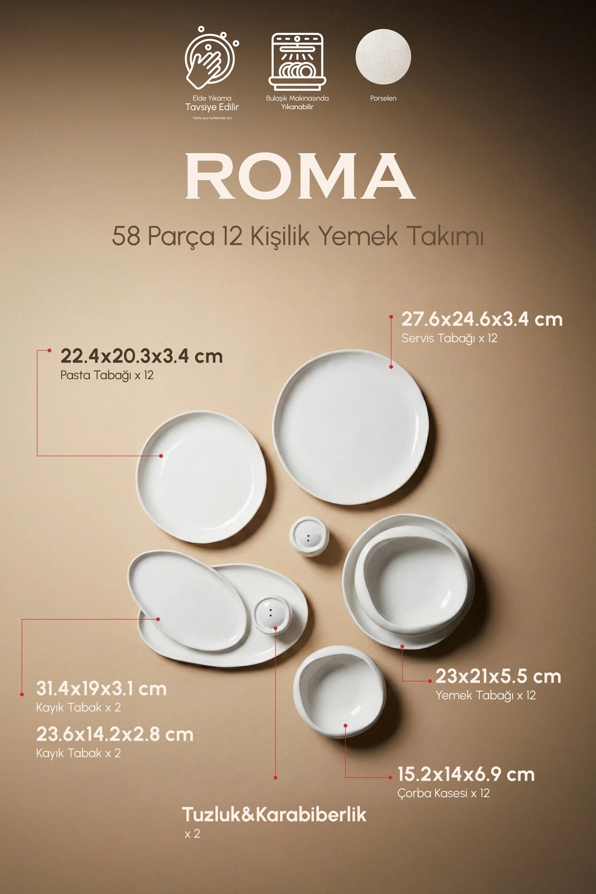 PEROTTİ Roma 58 Parça 12 Kişilik Bone Porselen Yemek Takımı