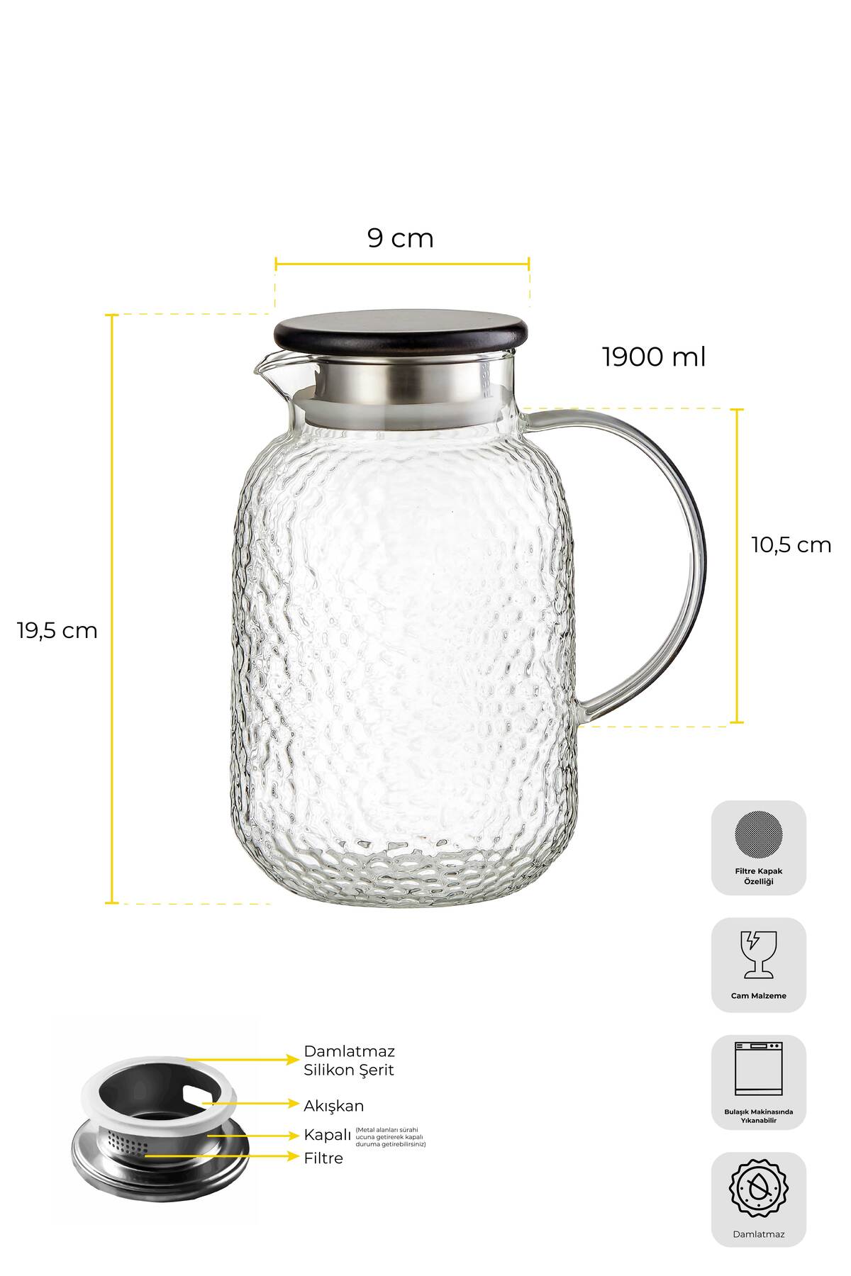 PEROTTİ Savio Buzlu Şeffaf Ahşap Kapaklı Wood Sürahi 1900 ml