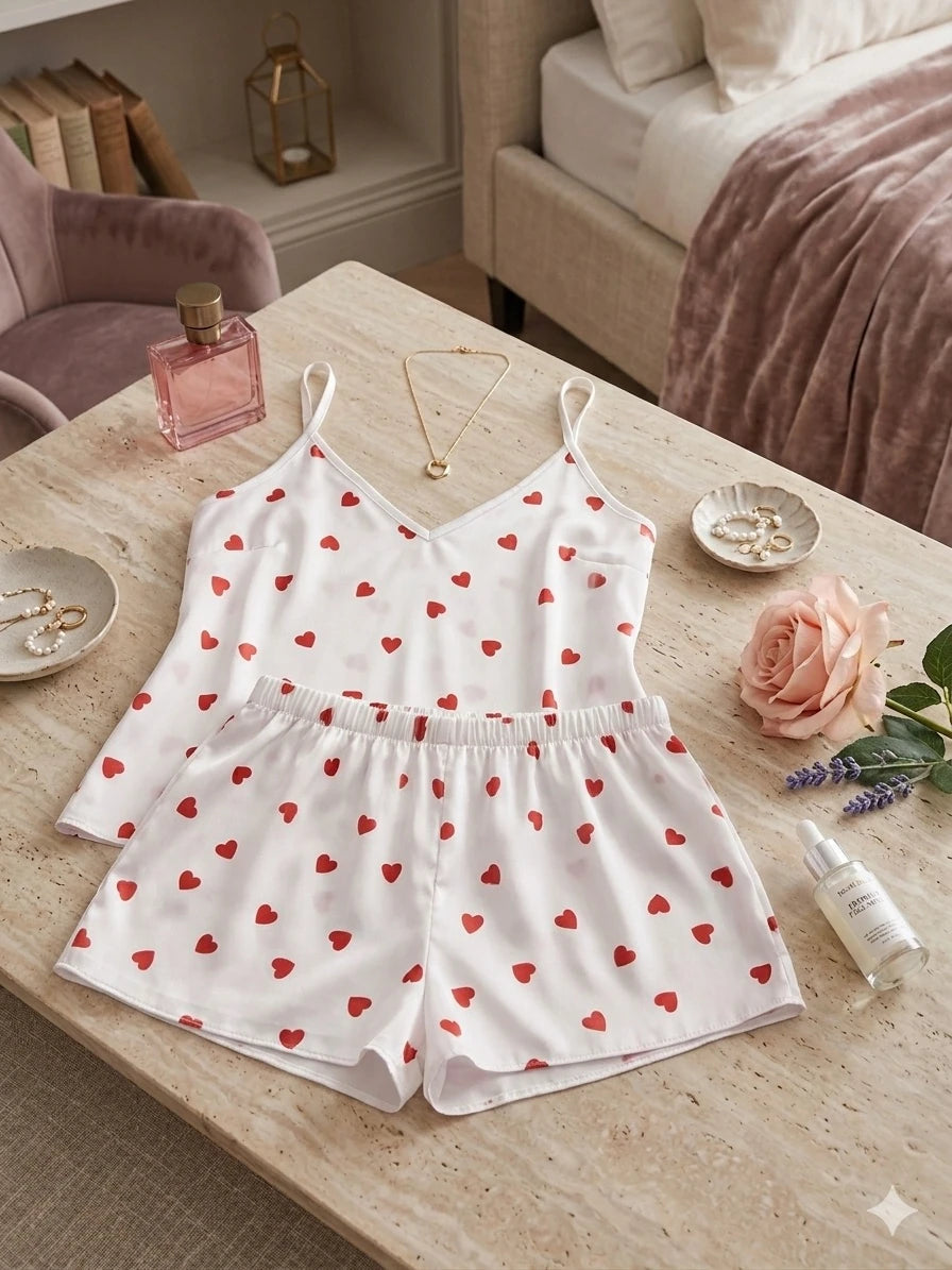 Kadın Kalp Desenli Saten Askılı Şortlu Pijama Takımı