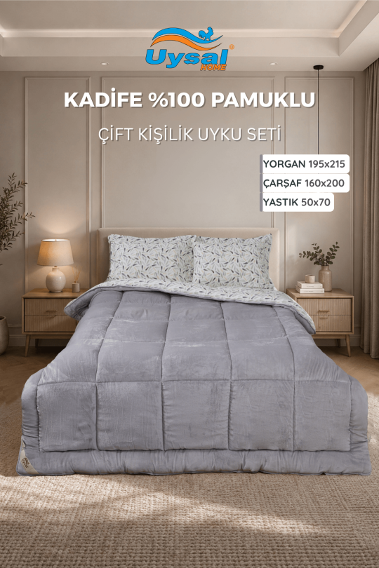 Uysal Home Kadife Uyku Seti %100 Pamuklu Gri Çift Kişilik