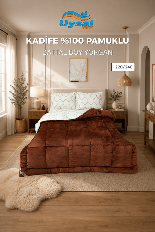 Uysal Home Kadife Yorgan %100 Pamuklu Kahverengi Battal Boy