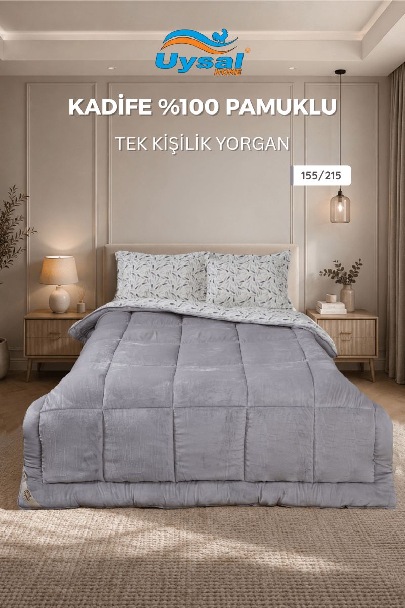 Uysal Home Kadife Yorgan %100 Pamuklu Gri Tek Kişilik