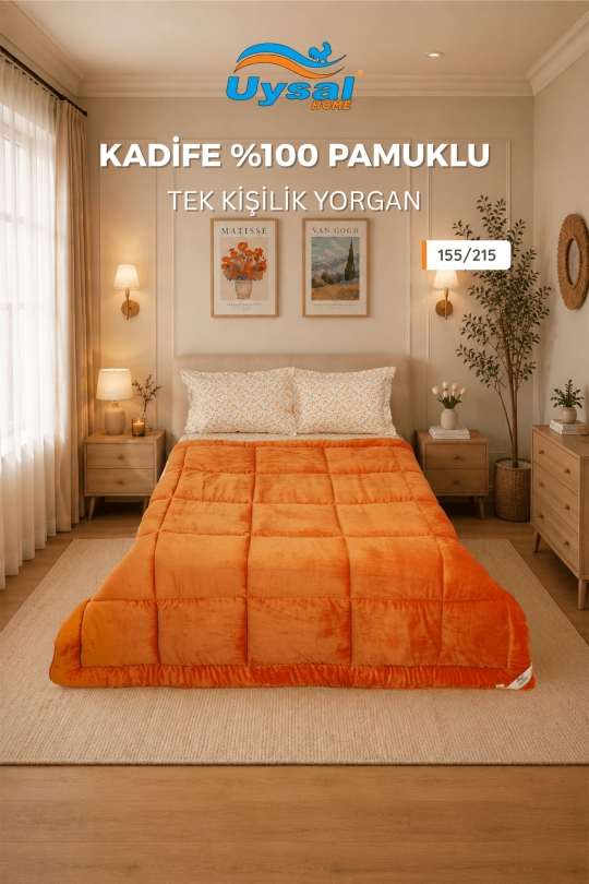 Uysal Home Kadife Yorgan %100 Pamuklu Turuncu Tek Kişilik