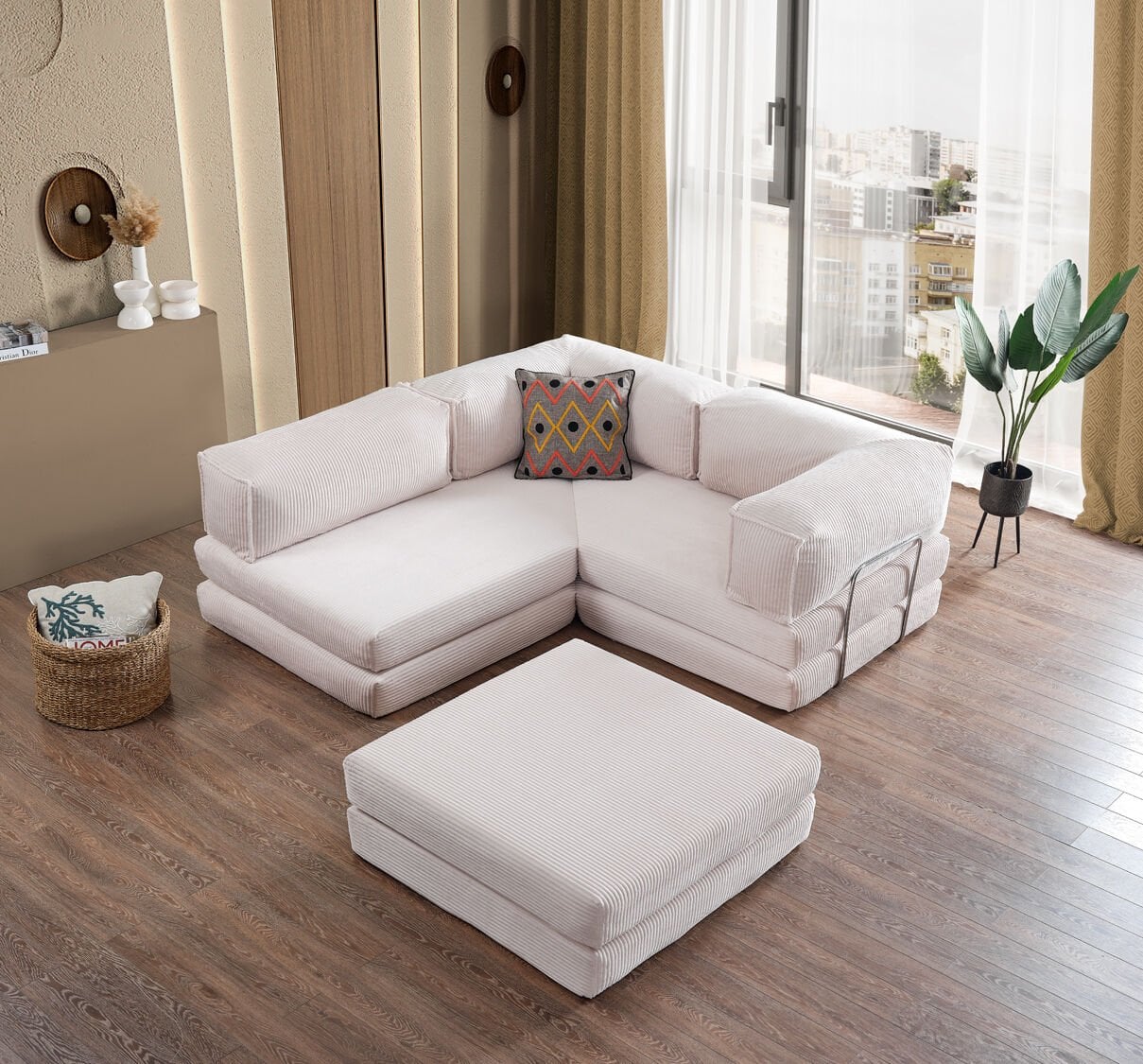 Doqu Home - Cosmo Çok Fonksiyonlu Köşe Koltuk Krem