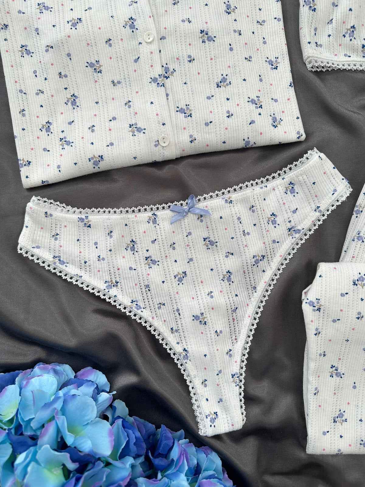 Mavi Gül 4'lü Pamuk Pijama Takım