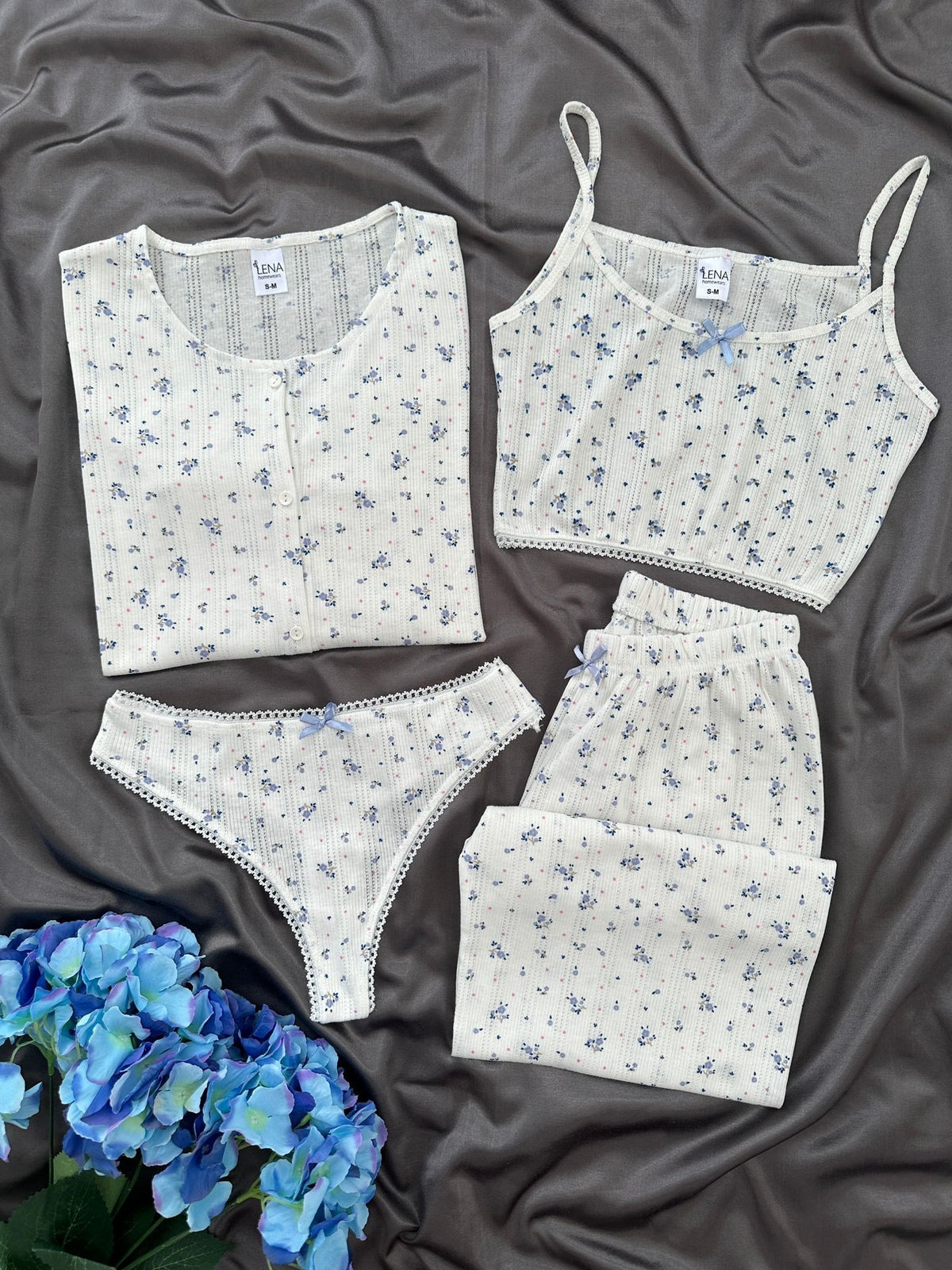 Mavi Gül 4'lü Pamuk Pijama Takım