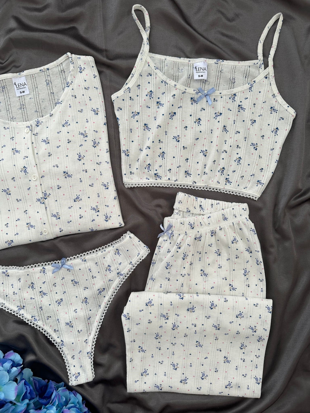 Mavi Gül 4'lü Pamuk Pijama Takım