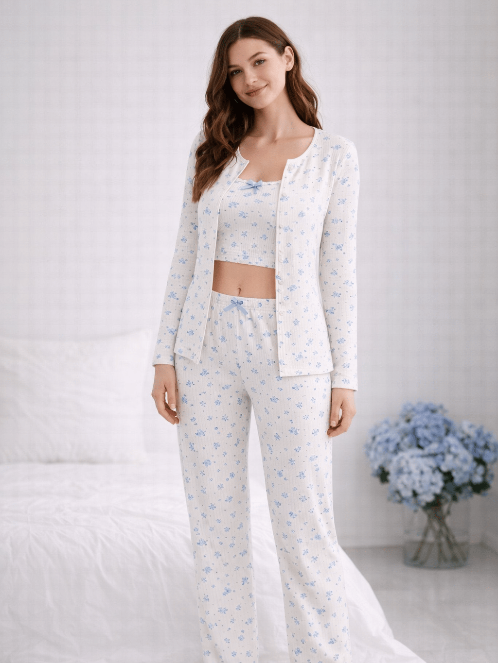 Mavi Gül 4'lü Pamuk Pijama Takım