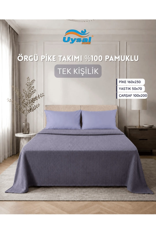 Uysal Home Örgü Pike Takımı %100 Pamuklu Antrasit Tek Kişilik