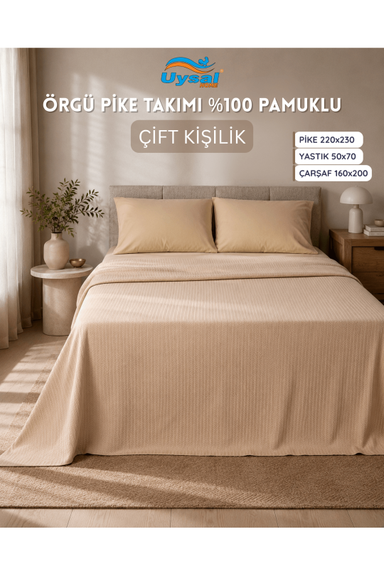 Uysal Home Örgü Pike Takımı %100 Pamuklu Bej Çift Kişilik