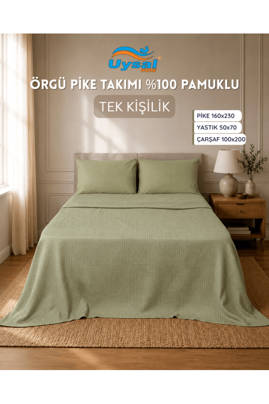 Uysal Home Örgü Pike Takımı %100 Pamuklu Yeşil Tek Kişilik