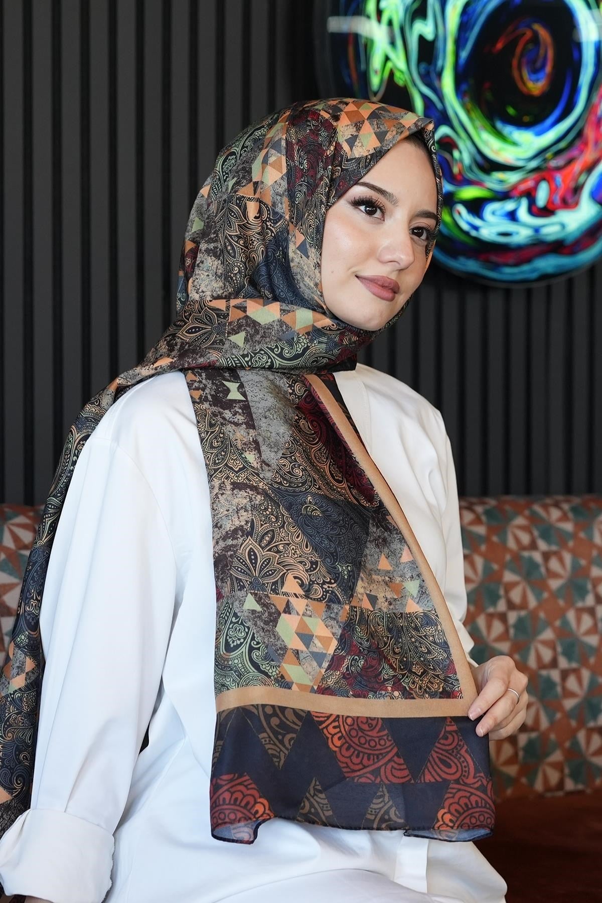 Afvente Paisley Desen Kahverengi Soft Pamuk Şal