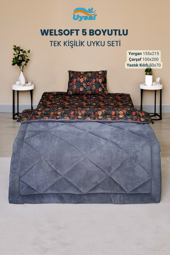 Uysal Home Welsoft Uyku Seti %100 Pamuklu 5 Boyutlu Antrasit Tek Kişilik