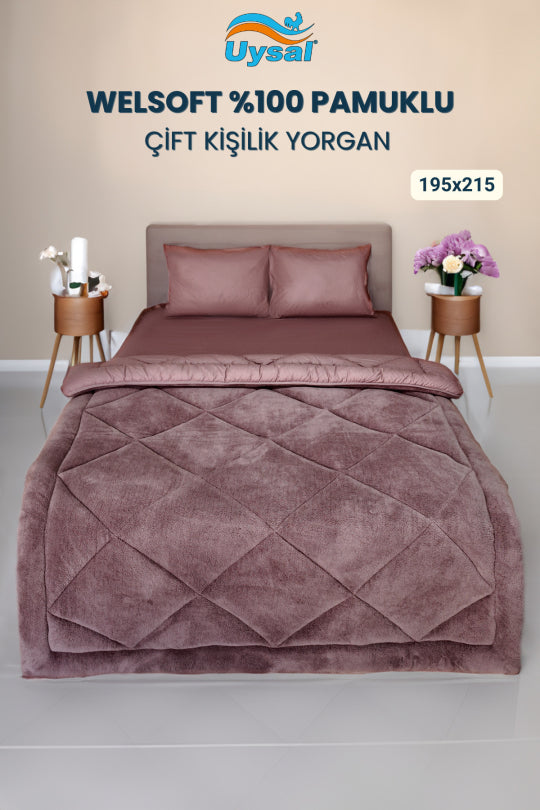 Uysal Home Welsoft Yorgan %100 Pamuklu Akfil Gül Kurusu Çift Kişilik