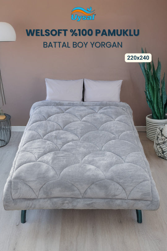 Uysal Home Welsoft Yorgan %100 Pamuklu Akfil Midye Desen Gri Battal Boy