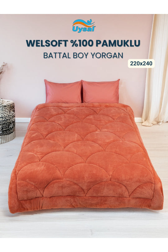 Uysal Home Welsoft Yorgan %100 Pamuklu Akfil Midye Desen Turuncu Battal Boy