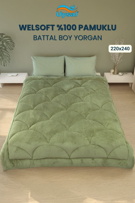 Uysal Home Welsoft Yorgan %100 Pamuklu Akfil Midye Desen Yeşil Battal Boy