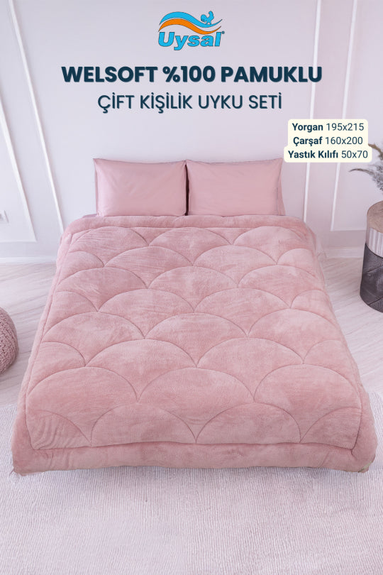 Uysal Home Welsoft Uyku Seti %100 Pamuklu Akfil Midye Desen Pudra Çift Kişilik