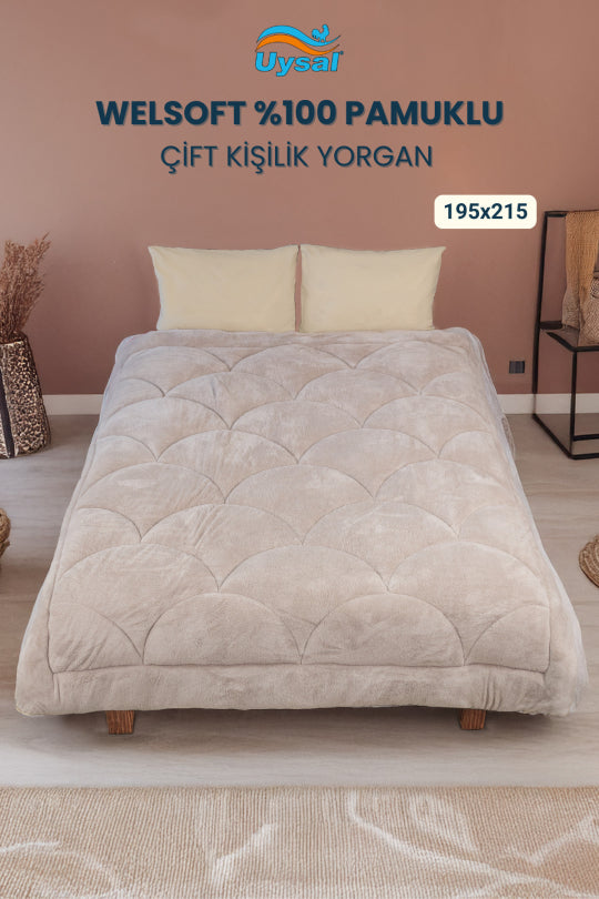 Uysal Home Welsoft Yorgan %100 Pamuklu Akfil Midye Desen Bej Çift Kişilik