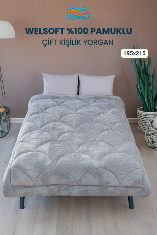 Uysal Home Welsoft Yorgan %100 Pamuklu Akfil Midye Desen Gri Çift Kişilik