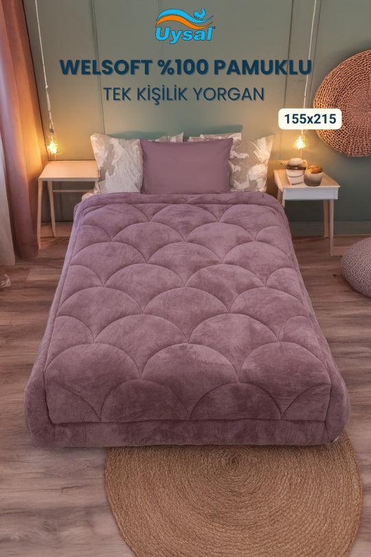 Uysal Home Welsoft Yorgan %100 Pamuklu Akfil Midye Desen Gül Kurusu Tek Kişilik