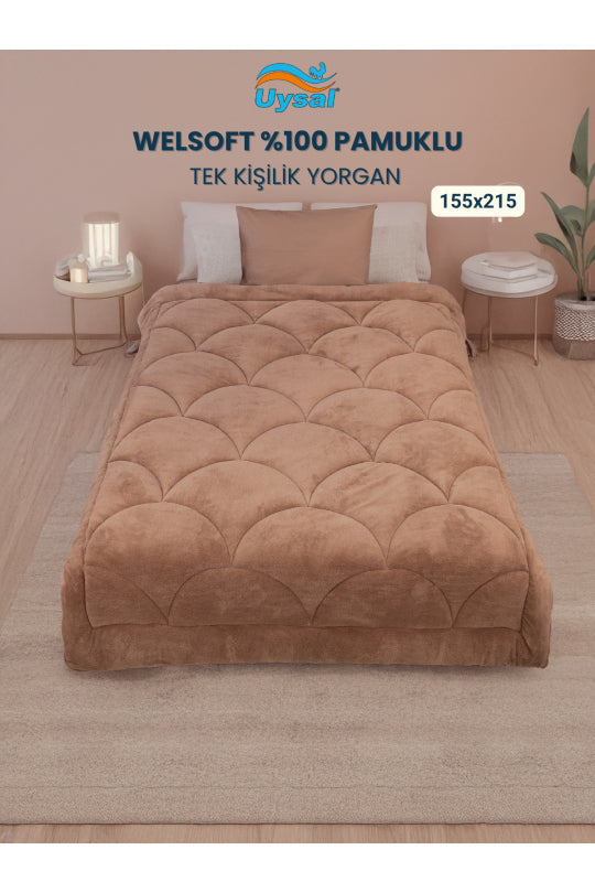 Uysal Home Welsoft Yorgan %100 Pamuklu Akfil Midye Desen Kahverengi Tek Kişilik