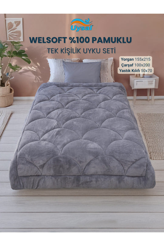 Uysal Home Welsoft Uyku Seti %100 Pamuklu Akfil Midye Desen Gri Tek Kişilik