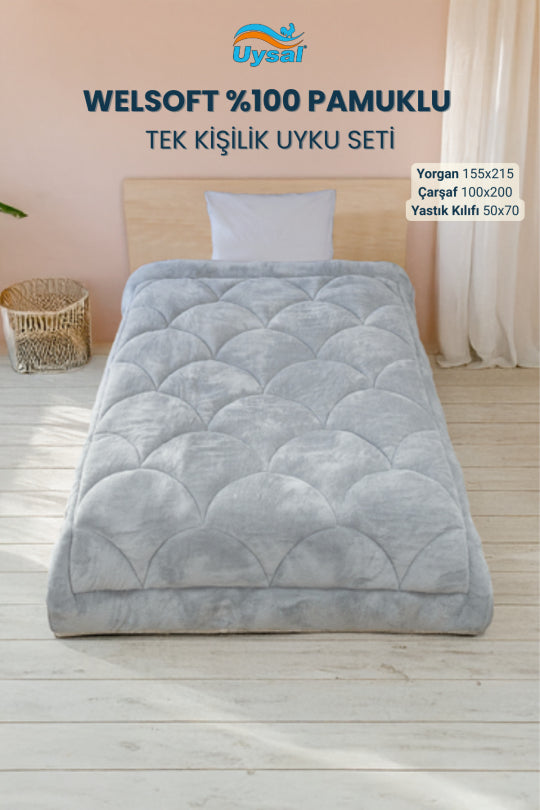 Uysal Home Welsoft Uyku Seti %100 Pamuklu Akfil Midye Desen Gri Tek Kişilik
