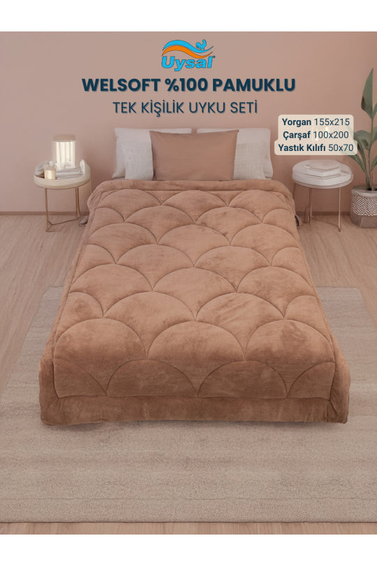 Uysal Home Welsoft Uyku Seti %100 Pamuklu Akfil Midye Desen Kahverengi Tek Kişilik
