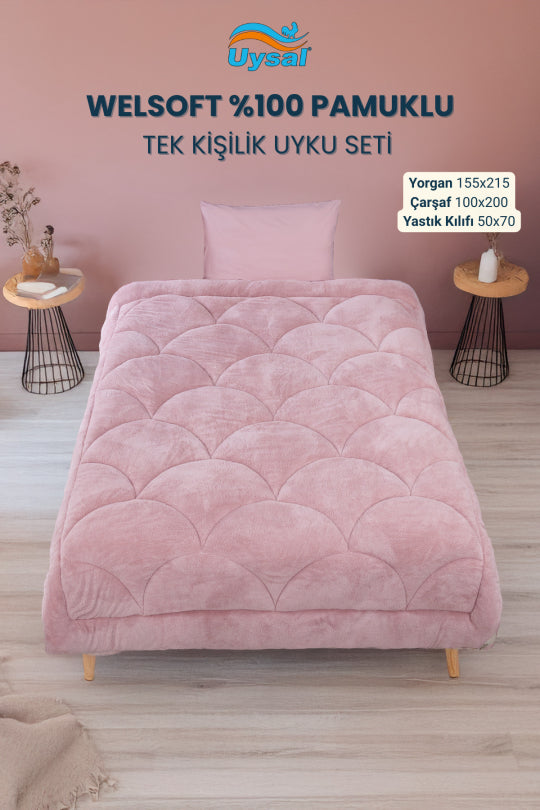 Uysal Home Welsoft Uyku Seti %100 Pamuklu Akfil Midye Desen Pudra Tek Kişilik