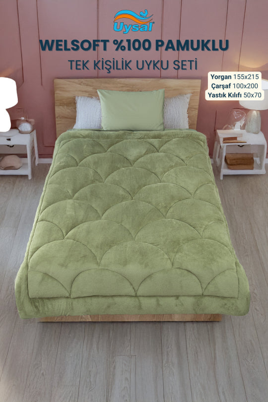 Uysal Home Welsoft Uyku Seti %100 Pamuklu Akfil Midye Desen Yeşil Tek Kişilik