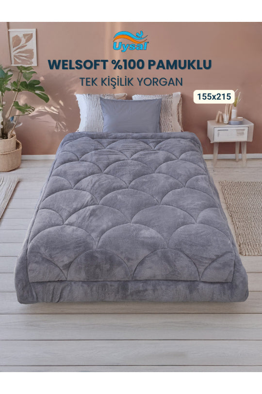 Uysal Home Welsoft Yorgan %100 Pamuklu Akfil Midye Desen Antrasit Tek Kişilik