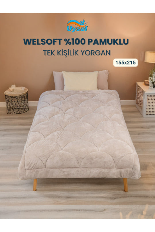 Uysal Home Welsoft Yorgan %100 Pamuklu Akfil Midye Desen Bej Tek Kişilik