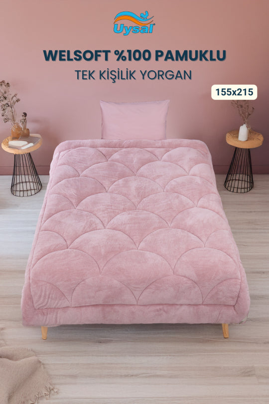 Uysal Home Welsoft Yorgan %100 Pamuklu Akfil Midye Desen Pudra Tek Kişilik