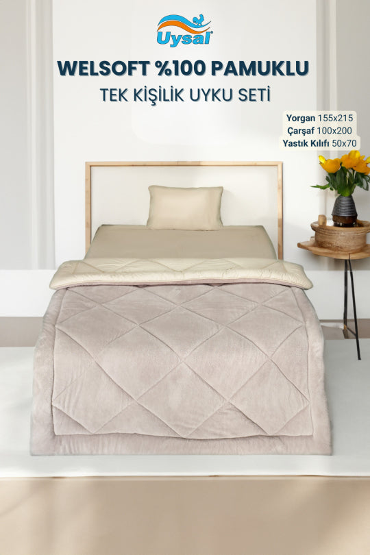 Uysal Home Welsoft Uyku Seti %100 Pamuklu Akfil Bej Tek Kişilik