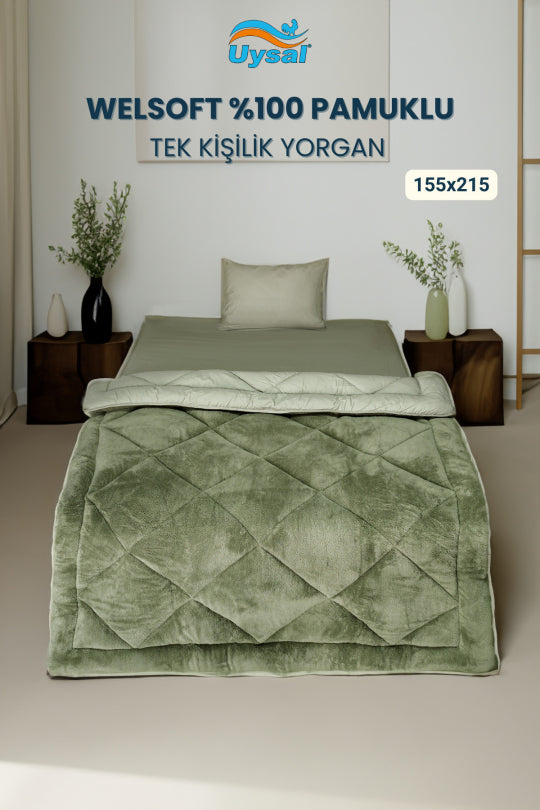 Uysal Home Welsoft Yorgan %100 Pamuklu Akfil Yeşil Tek Kişilik