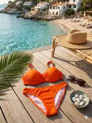 Kadın Turuncu Dolgulu Yüksek Bel Bikini Deniz Takımı