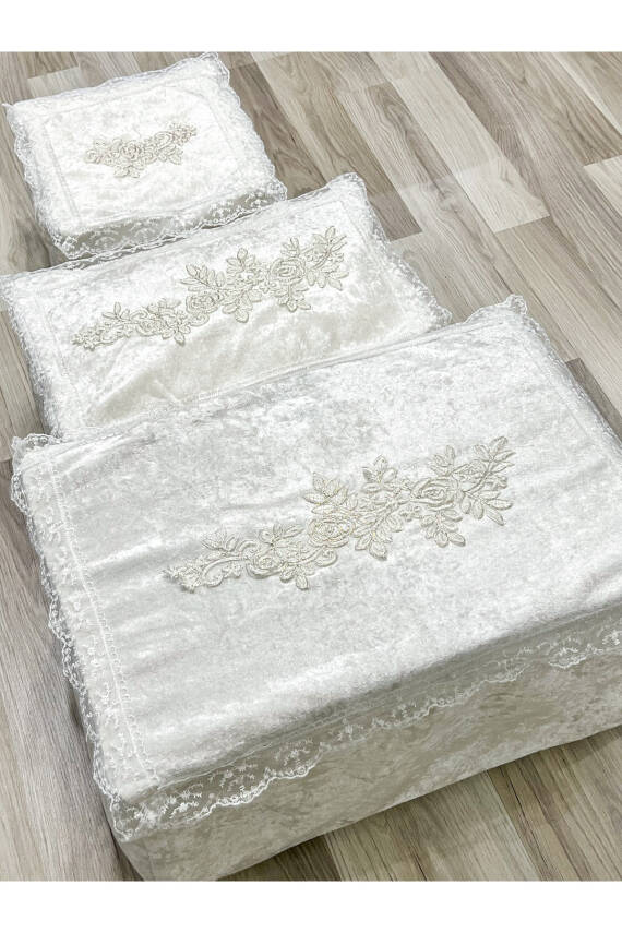 Fransız Güpürlü Kadife Bohça Söz Nişan Hurcu Çeyizlik 3'lü Set (Ekru)